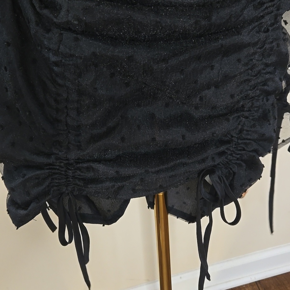 Boohoo Black Sheer Swiss Dot Mini Dress – Ruched Mesh Long Sleeve Size 2 - Picture 5 of 9